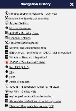 The Navigation History pop-up window